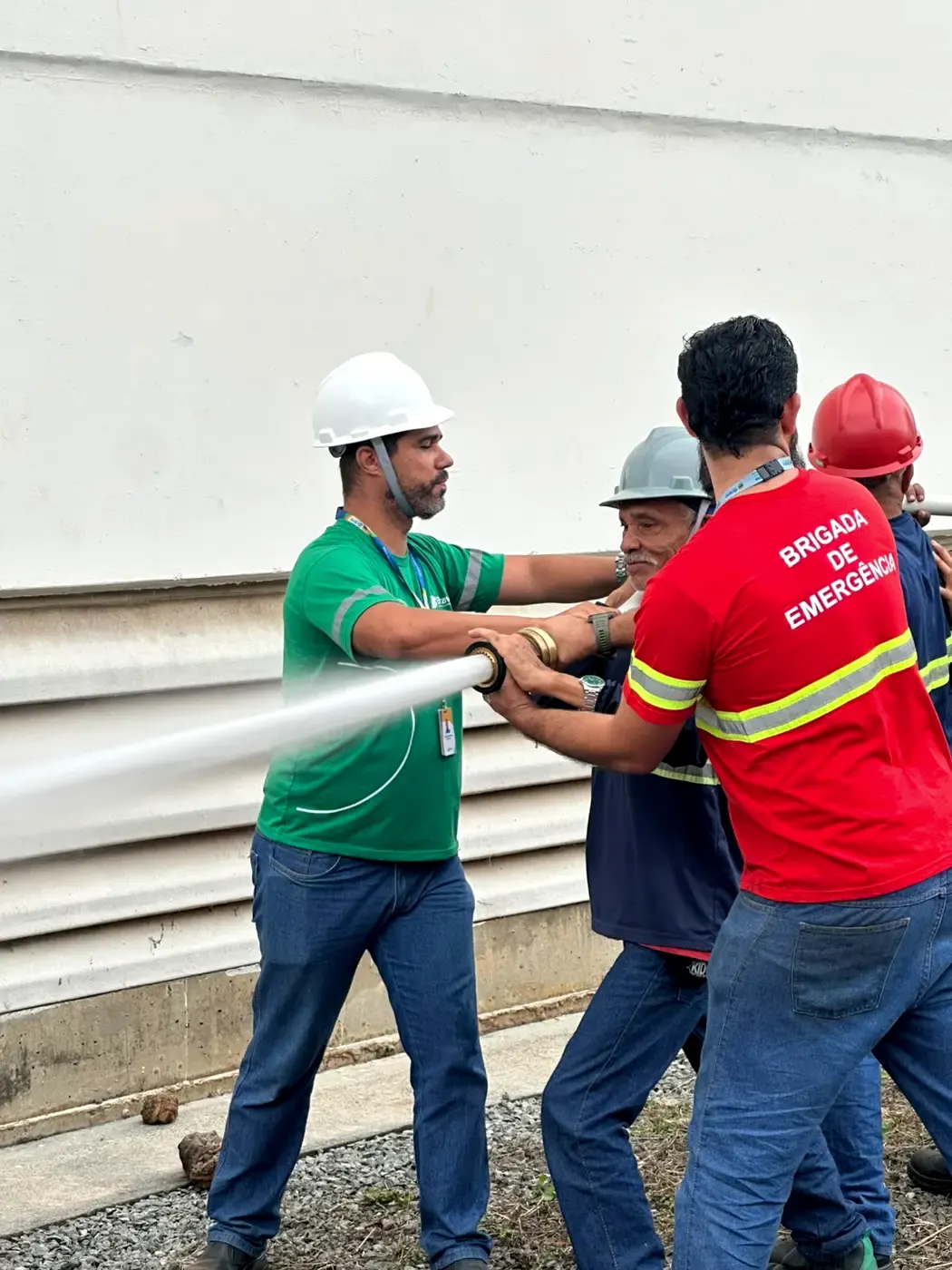 Brigadistas manuseando mangueira de incêndio em treinamento
